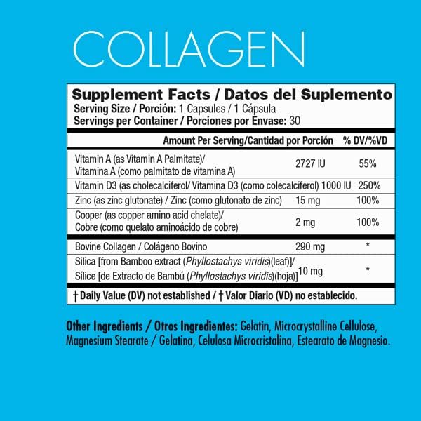 Yes You Can! Collagen Capsules Dietary Supplement to Promote Healthy Hair Skin and Nails 290 mg Bovine Collagen Vitamin A Vitamin D3 Zinc and Copper 30 Capsules