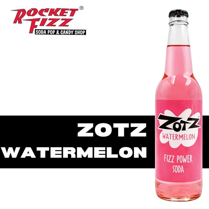Rocket Fizz Zotz Watermelon Soda Flavor | Cane Sugar | Craft Soda Pop Drinks | 12 oz in Glass Bottle (6 Pack)