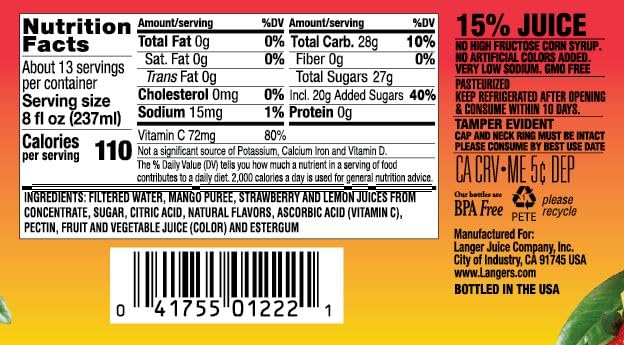 Langers Mango Strawberry Lemonade Juice Cocktail 101.4z (Pack of 4) 101.4 Fl Oz (Pack of 4)