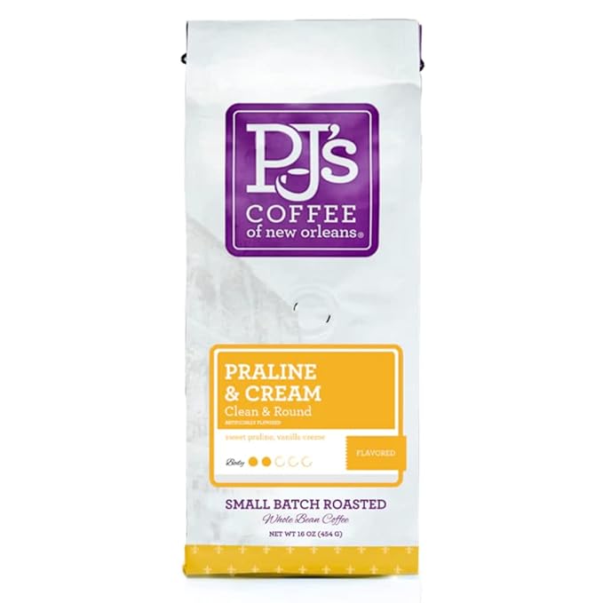 PJ's Praline &amp Cream - Whole Bean Flavored Coffee - Sweet Creamy Flavor Medium Bodied Buttery Pecan Notes 16 oz (Pack of 1)