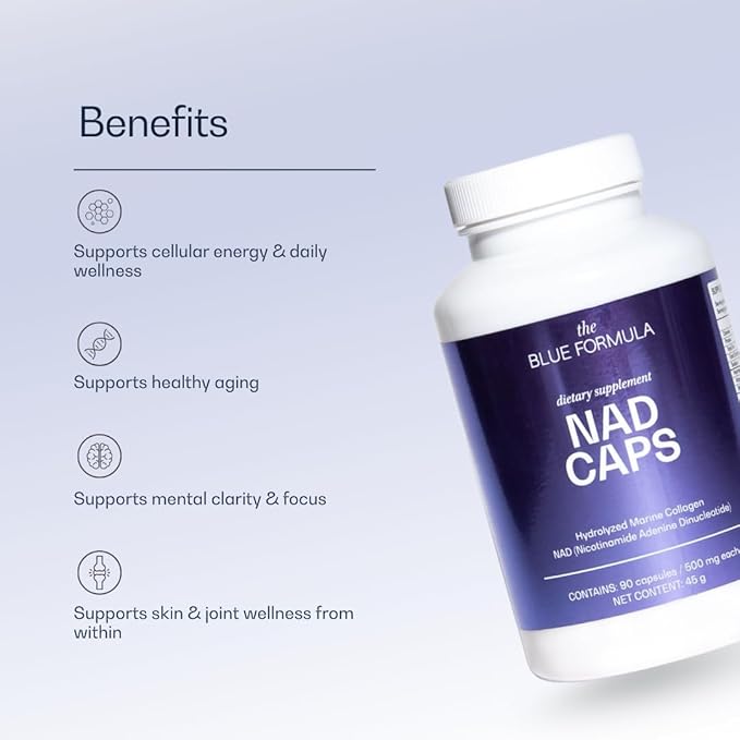 NAD Caps - NAD (Nicotinamide Adenine Dinucleotide) + Hydrolyzed Marine Collagen - Daily Supplement - 90 Capsules 500 mg Each - Unflavored