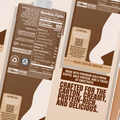 Wandering Bear Double Latte Organic Cold Brew Coffee — 32 fl oz 3 pack - Creamy High-Protein Cold Brew Latte 11 g Protein Only 100 Calories 5 g Sugar Double Shot Strength (Shelf-Stable)