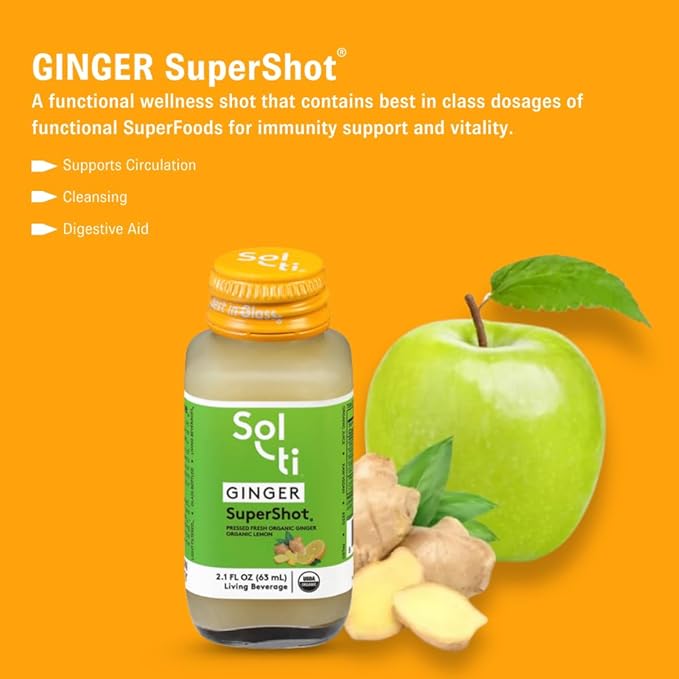 Sol-ti Organic Ginger SuperShot Drink Aids Digestion Circulation and Cleansing SuperFood Cold-Pressed Apple and Lemon Juice Blend 12 Pack (2.1 Fl oz)
