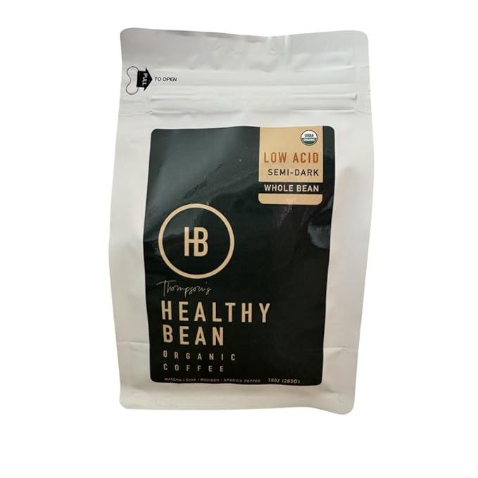 Healthy Bean Organic Low Acid Coffee Beans - USDA Organic Mold-Free Superfood Infused Clean and Healthy - Low Acid for Sensitive Stomachs - Semi-Dark Roast Coffee Beans 10oz (1-Pack)
