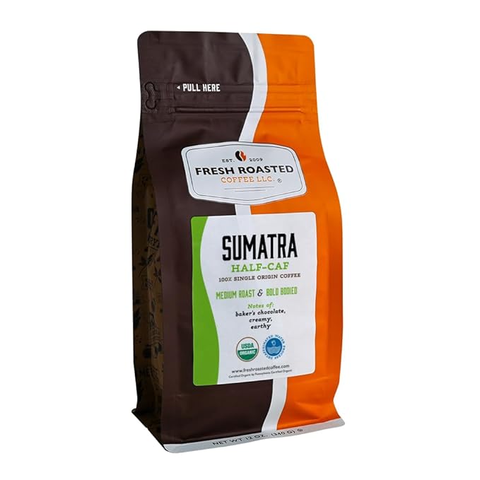 Fresh Roasted Coffee Organic Sumatra Water-Processed Half-Caf | 100% Single Origin USDA Organic Kosher | Medium Roast 12 oz Whole Bean