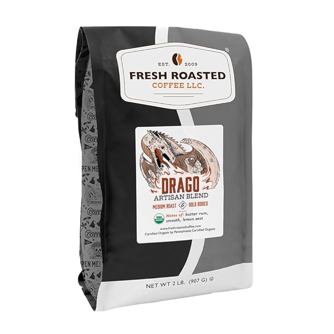 Fresh Roasted Coffee Organic Drago Café Blend | USDA Organic Kosher | Medium Roast 2 lb (32 oz) Whole Bean