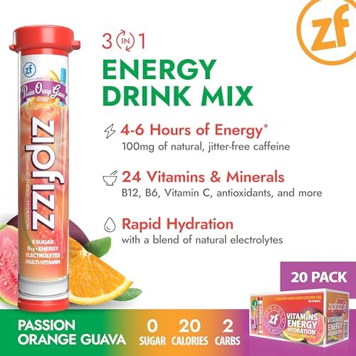 Zipfizz Daily Energy Drink Powder Passion Orange Guava 20 Pack | 3-in-1 Sustained Energy Rapid Hydration and Essential Vitamins | Sugar-Free | Electrolyte Powder | Contains Vitamin B-12 &amp Anti