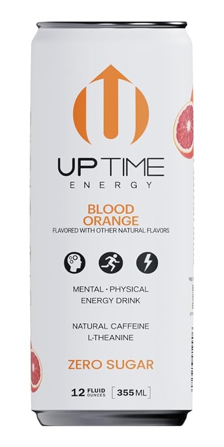 UPTIME Energy Drink Blood Orange Sparkling 12 Pack Vitamin C L Theanine Calcium Sugar Free Energy Drinks for Focus Support 142mg of Natural Caffeine 0 Calories Clean Natural 12 fl oz Cans