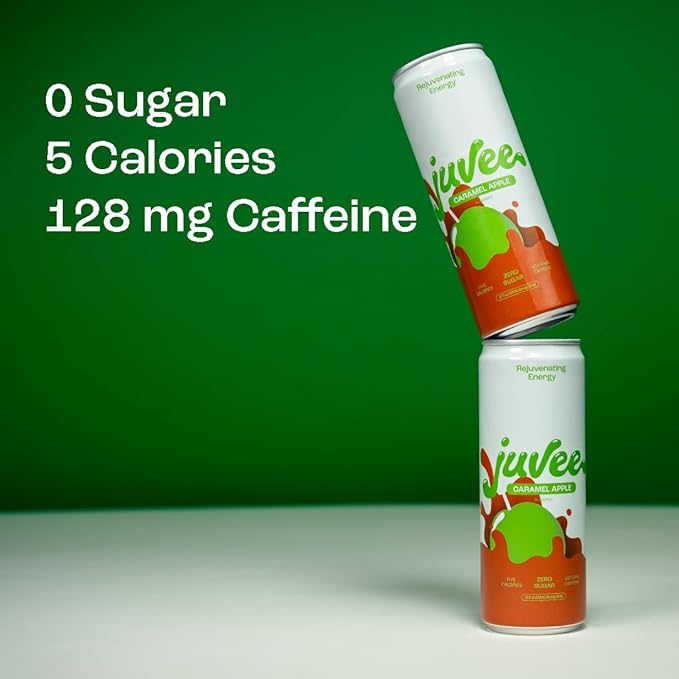Juvee Rejuvenating Energy Drink – Sugar Free Caramel Apple Flavor 12 oz Cans (12-Pack) – 128mg Natural Caffeine Zero Sugar Low Calorie Clean Energy &amp Focus Booster for Daily Use