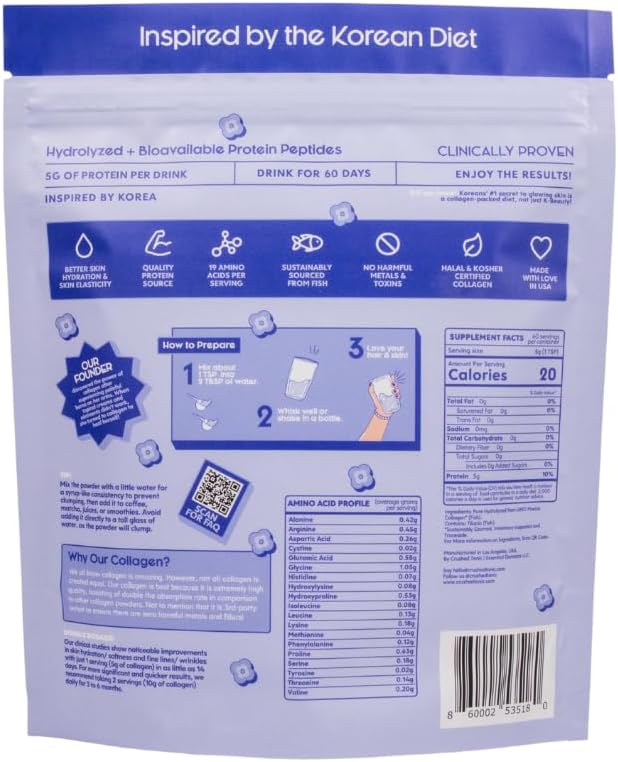 Crushed Tonic Marine Collagen Powder Korean Beauty Drink with Hydrolyzed Collagen Peptides for Skin Hair &amp Nails | Gluten-Free Halal &amp Kosher (Unflavored 60 Servings (300 g) Pouch)
