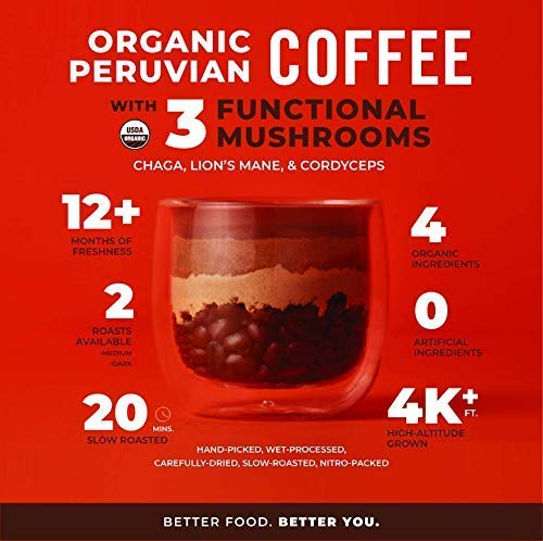 Laird Superfood Peruvian Dark Roast Coffee with Functional Mushrooms Certified Organic Peruvian Ground Coffee Beans Gluten-Free Dairy-Free Non-GMO Paleo Keto Friendly 12 oz. Bag Pack of 6
