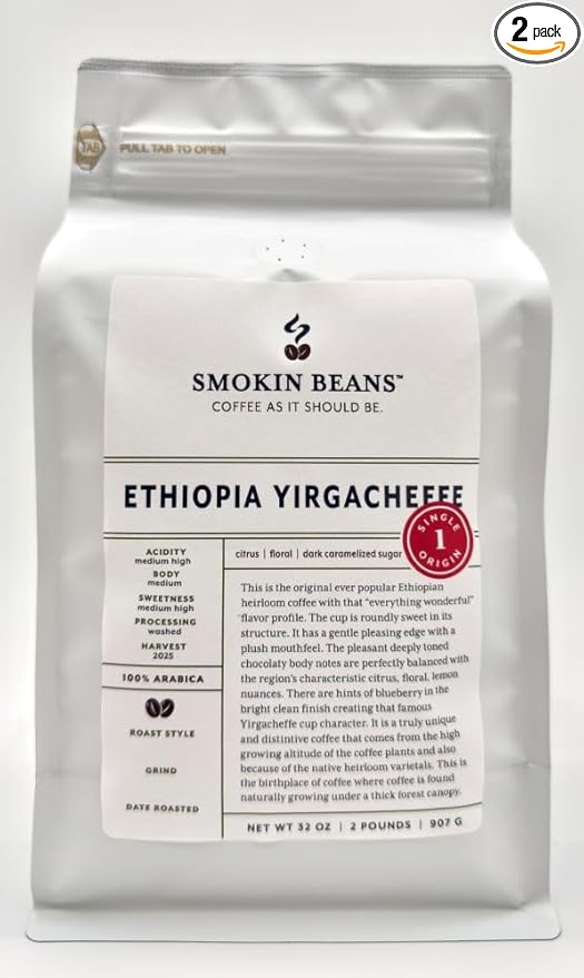 Smokin Beans 2-Pound Africa Ethiopia Yirgacheffe Coffee Washed Processing Medium Roast Premium Whole Bean Specialty Coffee