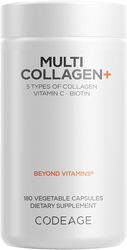 Codeage Multi Collagen+ Supplement with Vitamin C Biotin 5000 mcg Hyaluronic Acid Amla Berry BioPerine - 5 Types of Collagen Grass-Fed Pasture-Raised - 2-Month Supply - Non-GMO - 180 Capsules