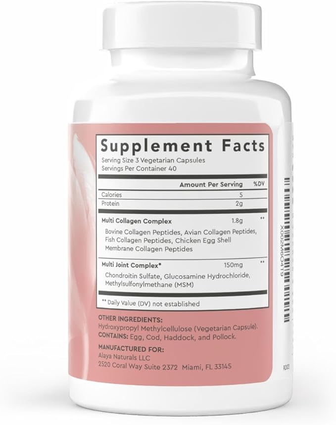 Alaya Naturals Hydrolyzed Multi Collagen Peptides Protein Capsules - Type I II III V X Grass-Fed Bovine Chicken Marine Collagen Supplement with MSM + GC (Capsules - 120 Count)