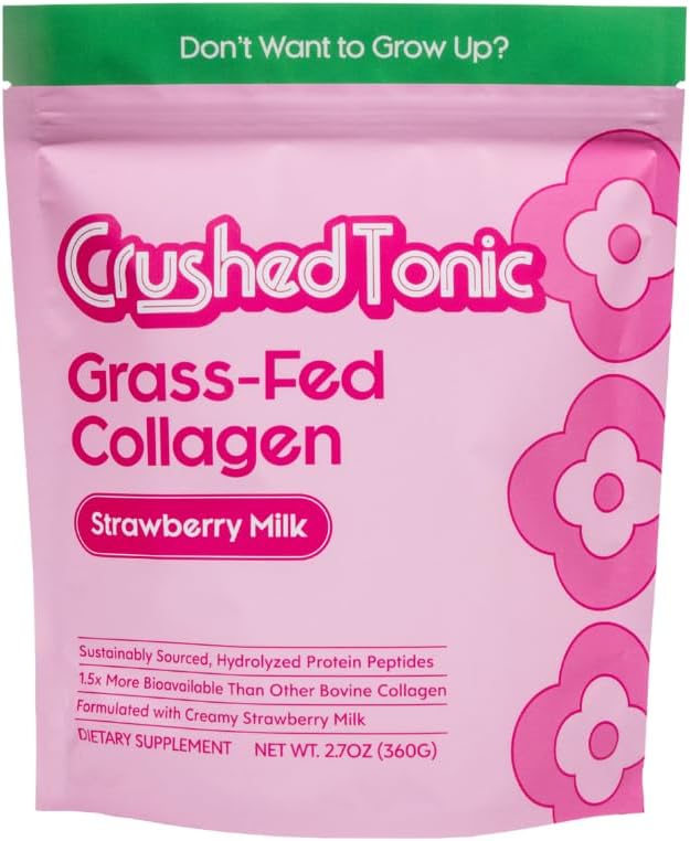 Crushed Tonic Marine Collagen Powder Korean Beauty Drink with Hydrolyzed Collagen Peptides for Skin Hair &amp Nails | Gluten-Free Halal &amp Kosher (Strawberry Milk 30 Servings (150 g) Pouch)