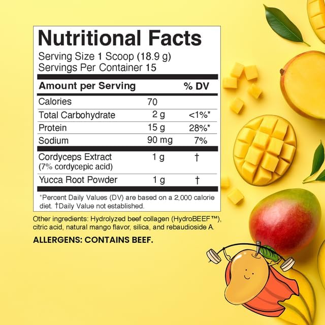 Hydrolyzed Beef Collagen Peptides Powder with Cordyceps &amp Yucca Root - Supports Muscle Recovery Gut &amp Joint Health - Mango Flavor Protein Powder 10oz