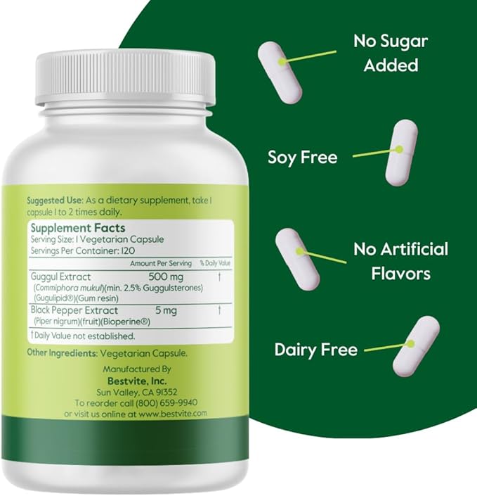 Guggul Extract 500mg (120 Vegetarian Capsules) - Backed by Clinical Research Patented and Standardized Enhanced by Bioperine - No Fillers - No Stearates - Vegan - Non GMO - Gluten Free