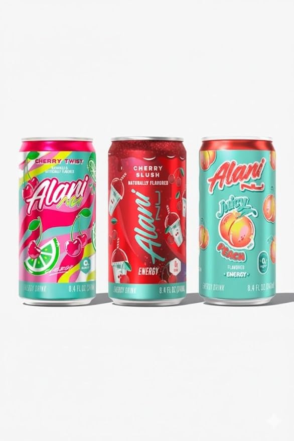 Alani Mini Energy Drinks | Cherry Twist Juicy Peach &amp Cherry Slush | Sugar free Low Calorie Energy Drinks 8.4 Fl Oz Cans (Pack of 12)