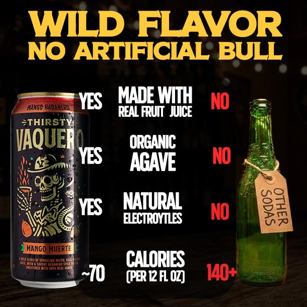 Thirsty Vaquero Mango Habanero Flavored soda (Mango Muerte) Mexican-inspired soda Real Fruit Juice &amp Savory Spices Made with Organic Agave Low Calorie Natural Juice 16 oz Cans 12-Pack