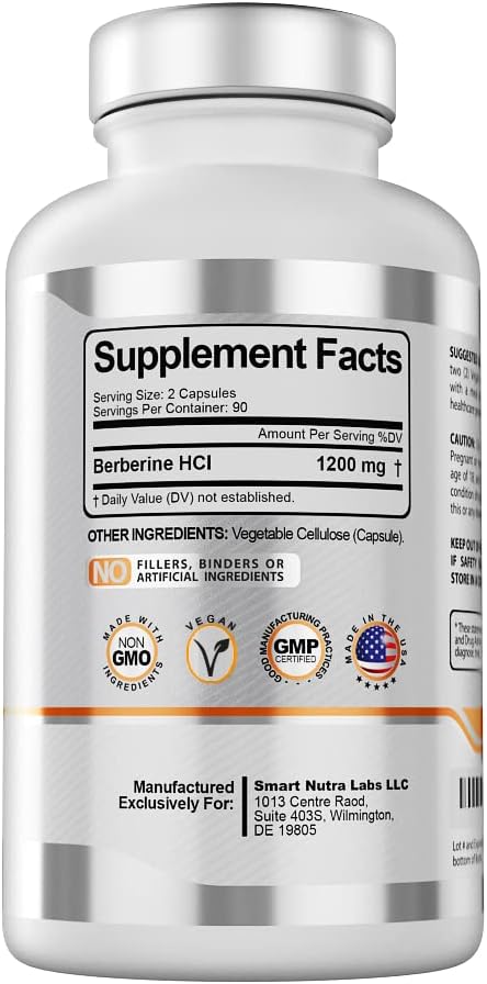 Smart Nutra Labs Premium Berberine HCL 1200mg- 180 Vegan Capsules 100% Pure Berberine Supplement- Non-GMO Gluten Free
