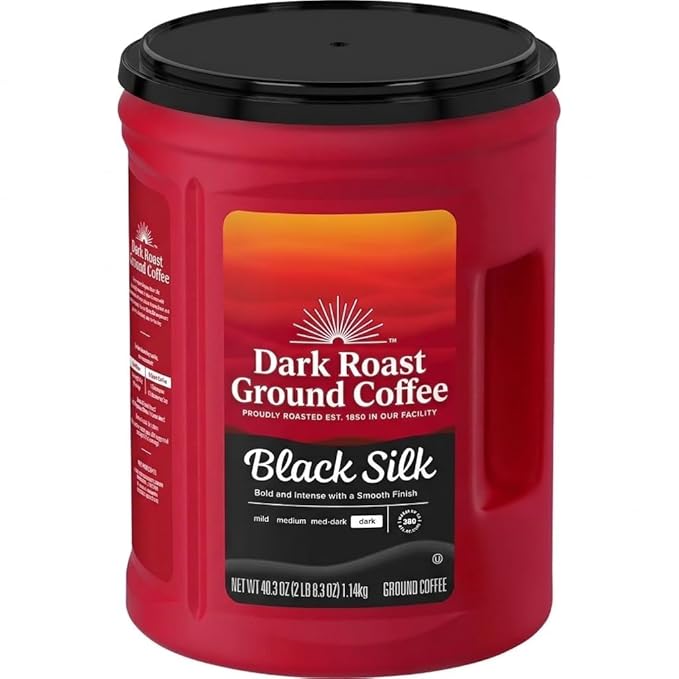 Black Silk Dark Roast Ground Coffee 40.3 oz Bold Strong Coffee Grounds Smooth Full-Bodied Black Coffee Large Canister for Drip Coffee Maker French Press Pour Over &amp Auto Brewer Rich Aroma Mo