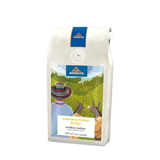 Colombia Tolima Del Rio - Dark - Roasted by Amrita Certified Pure - Freshly Ground Coffee - 12 Ounce Bag
