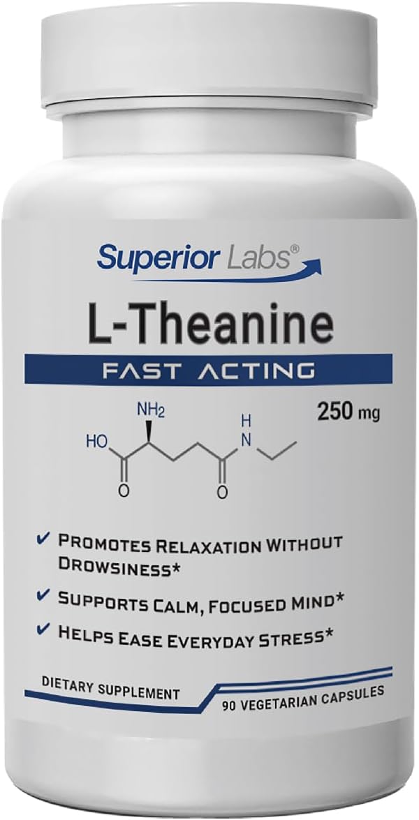 Superior Labs L-Theanine 250 mg Capsules Non-GMO Promotes Non Drowsy Relaxation &amp Helps Ease Everyday Stress Supports Healthy Sleep Promotes a Focused Mind High Absorption 90 Veg Caps