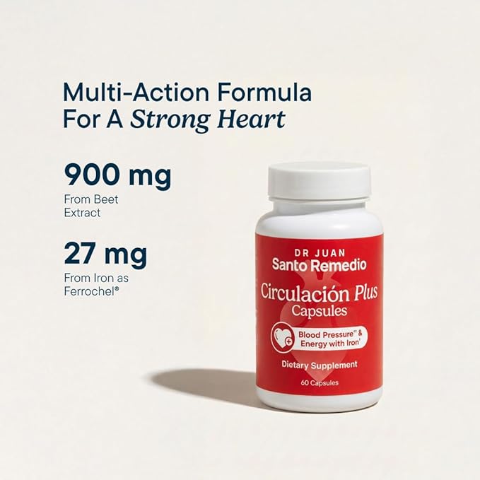 Santo Remedio Circulacion Plus Capsules Iron &amp Beetroot Extract Supplement for Blood Circulation &amp Cardiovascular Support Supports Healthy Blood Pressure &amp Red Blood Cell Production 30