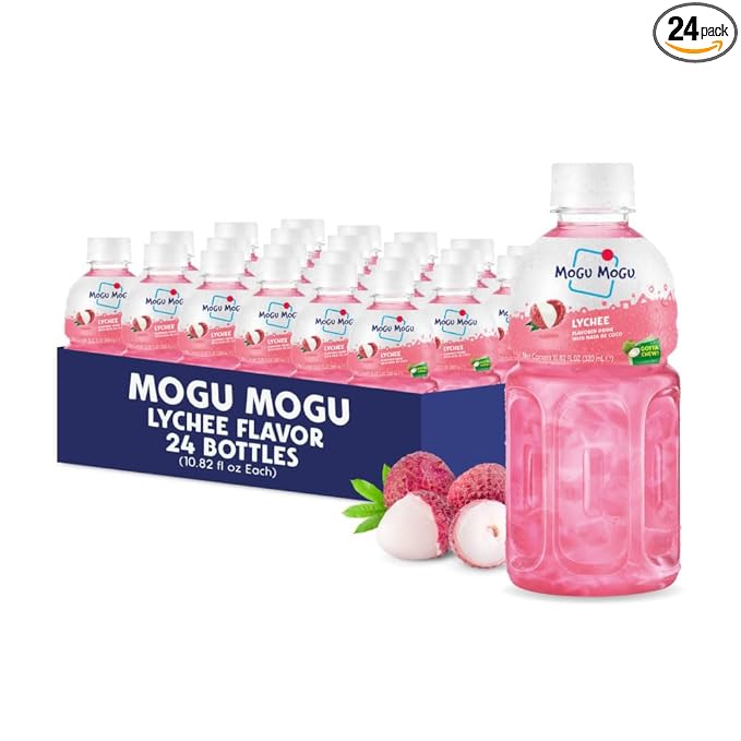 Mogu Mogu Lychee Juice with Nata de Coco (Coconut Jelly) – Fun &amp Chewy Juice Drink 24-Bottle Carton Pack 10.82 fl oz Each