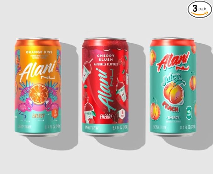 Alani Mini Energy Drinks Variety Pack | Cherry Slush Juicy Peach &amp Orange kiss | Sugar free Low Calorie Energy Drinks 8.4 Fl Oz Cans (Pack of 3)