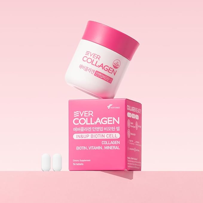 Ever Collagen in&ampUP Biotin Cell Low Molecular Marine Fish Collagen Peptides Tablets with Vitamin Selenium Supplements - Healthy Skin Hair Nail for Women - Antioxidant Supplement