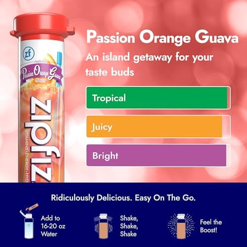 Zipfizz Daily Energy Drink Powder Passion Orange Guava 20 Pack | 3-in-1 Sustained Energy Rapid Hydration and Essential Vitamins | Sugar-Free | Electrolyte Powder | Contains Vitamin B-12 &amp Anti