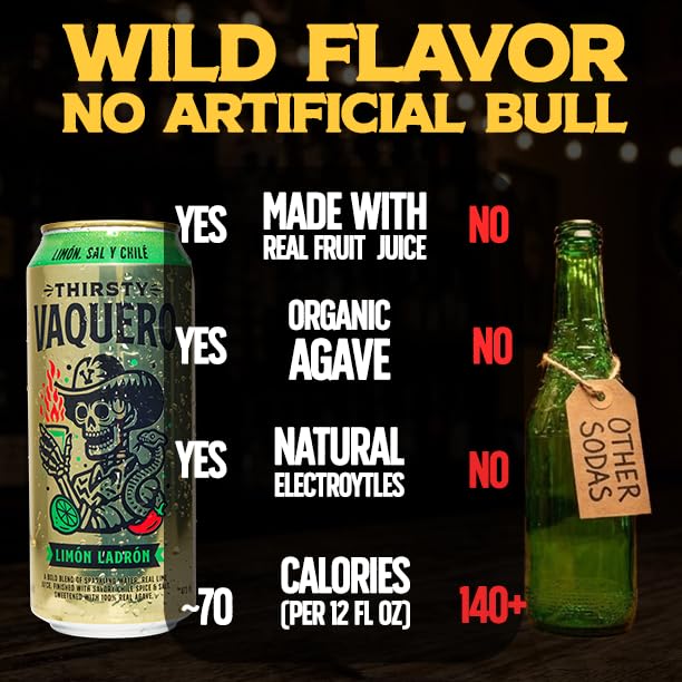 Thirsty Vaquero Lime Salt &amp Chile Flavored soda (Limon Ladron) Mexican-inspired soda Real Fruit Juice &amp Savory Spices Made with Organic Agave Low Calorie Natural Juice 16 oz Cans 12-P