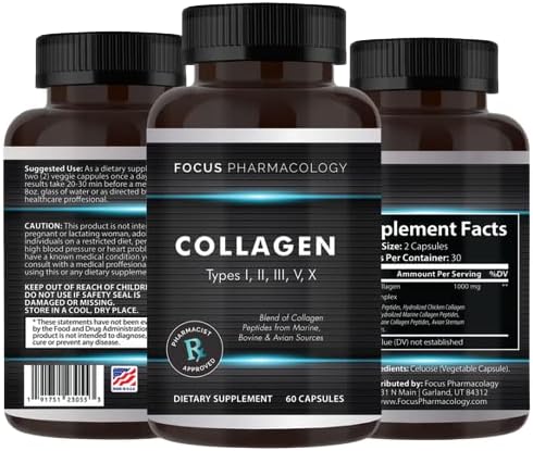 Collagen Support (Type I II III V X) Avian Sternum Hydrolyzed Collagen Skin Peptides Collagen Support with Hyaluronic Acid + Protein Complex + Natural Supplement (60 Capsules)