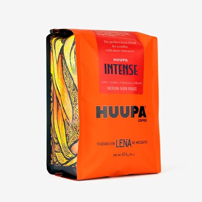 HUUPA Intense Wood-Fired Roasted Coffee 100% Arabica and Robusta Blend High Caffeine Dark Roast Ground Intense 16 oz