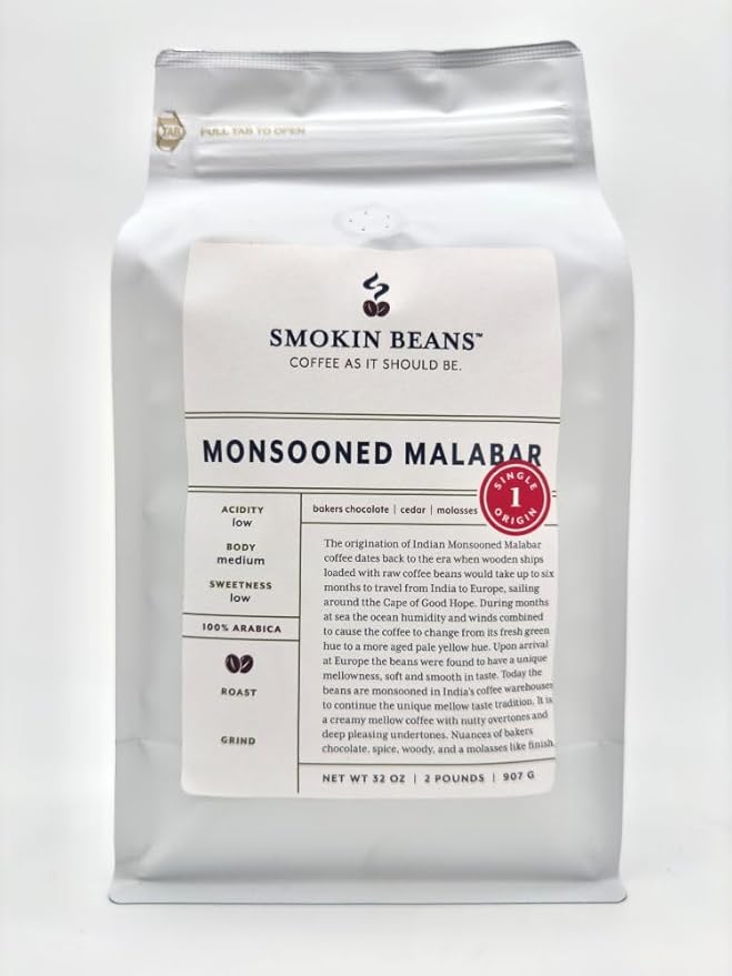 Smokin Beans 2-Pound India Monsooned Malabar Freshly Roasted Coffee Monsoon Processing Espresso Roast Premium Whole Bean Specialty Coffee