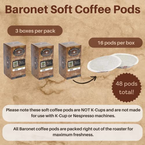 Baronet Coffee Decaf Hazelnut Coffee Pods Bag - Decaf Flavored Medium Roast - 3 Boxes of 16 Single Serve Pods - 48 Count 12 Grams - Individually Wrapped for Freshness - Rich Traditional Flavor