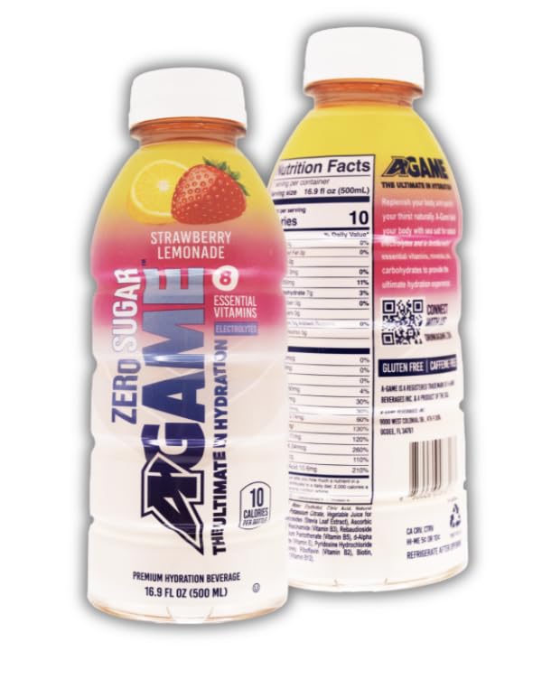 A-Game Zero Sugar Sports Drink Strawberry Lemonade Zero Sugar Free Hydration Sports Beverage 8 Vitamins Plus Electrolytes Natural Flavors Gluten Free &amp Keto Friendly 16.9 Fl Oz (Pack of 12)