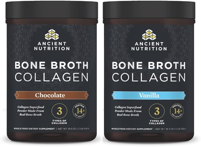 Ancient Nutrition Bone Broth Collagen Powder Chocolate 30 Servings + Bone Broth Collagen Powder Vanilla 30 Servings