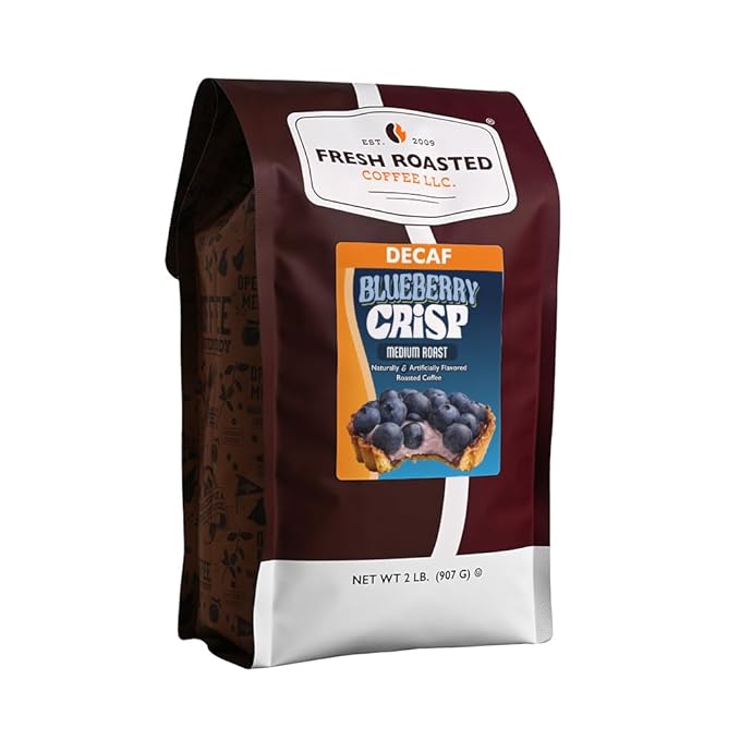 Fresh Roasted Coffee Decaf Blueberry Crisp Flavored Coffee 2 lb (32 oz) Medium Roast Kosher Whole Bean