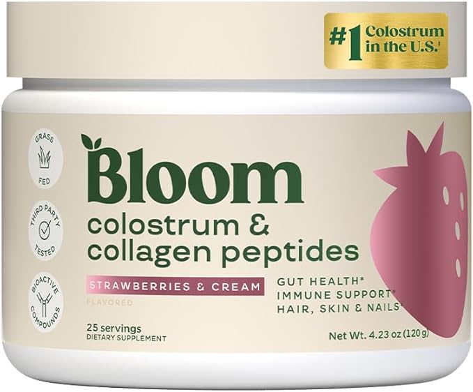 Bloom Nutrition Bovine Colostrum Powder with Vitamin B-12 for Gut Health Immune Support Hair Growth &amp Beauty Supplement | Strawberry 25 Servings
