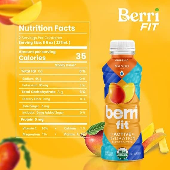 Berri Fit 2-Flavor Variety Pack | Natural Plant-Based Electrolytes - Certified Organic - Non-GMO - Low-Calorie Fitness Beverage - Paleo Friendly| Mango &amp Dragon Fruit - 16oz | Pack of 8