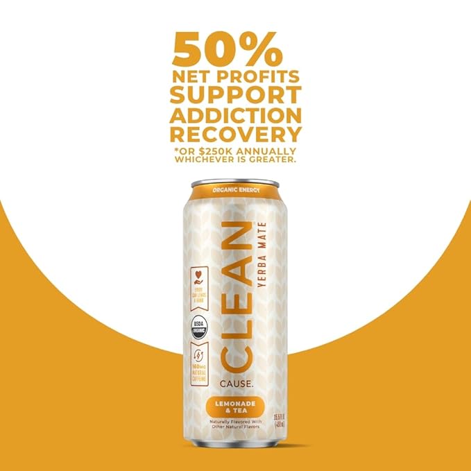 NEW! CLEAN Cause Lemonade &amp Tea and Blueberry USDA Organic Yerba Mate Tea (15.5oz cans 2-12-Pack Case) Non-Carbonated 160mg Caffeine