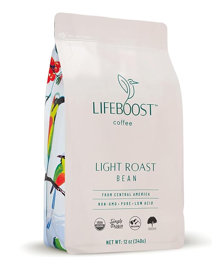 Lifeboost Light Roast Whole Bean Coffee - Low Acid Organic Coffee Non-GMO USDA Organic Single Origin Third-Party Tested for Mycotoxins &amp Pesticides - 12 oz Bag