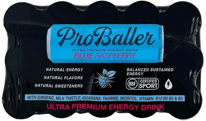 ProBaller Clean Energy Drink - Athlete-Grade Energy for Focus &amp Performance Zero Sugar NSF Certified for Sport Natural Caffeine Biotin Electrolytes Amino Acids &amp B Vitamins - Blue Raspbe