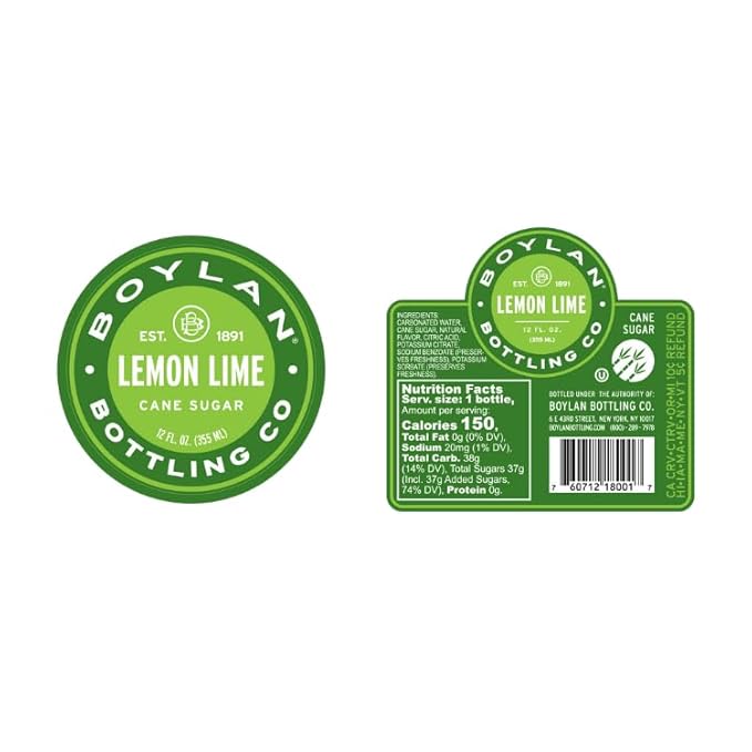 Boylan Bottling Craft Cane Sugar Soda - Lemon Lime 12oz Glass Bottle (12 Pack Lemon Lime)