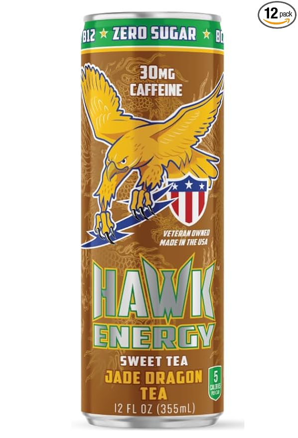 HAWK ENERGY SWEET TEA - JADE DRAGON TEA - Premium Sugar Free Energy Drink - 12 Pack - 12 oz cans - Focus and Power - 30mg Caffeine BCAA's B6/B12 Taurine Ginseng and L-Citrulline DL Malate 100% V