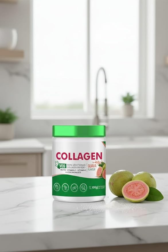 Vegetarian Collagen Supplements Powder by for Healthy Skin Hair &amp Nails 100G Guava Flavour with Biotin Vitamin C Vitamin E &amp Hyaluronates