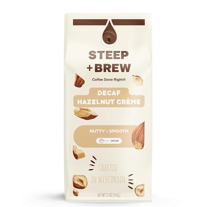 STEEP + BREW DECAF Hazelnut Creme Coffee | Premium Arabica Flavored Coffee | Ground | Light Roast | 10 oz | PACK OF 6
