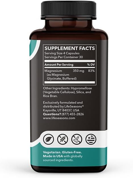 LifeSeasons Magnesium Glycinate 350 mg – Highly Absorbable Magnesium Supplement for Sleep Support Calm Mood &amp Muscle Relaxation – Vegan Gluten‑Free 120 Vegetarian Capsules